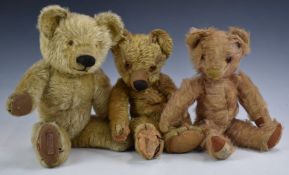 Three Chad Valley Teddy bears two with squeaker, all with blonde mohair, soft filling, disc