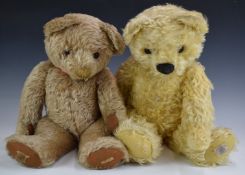 Two Chad Valley Teddy bears one with squeaker, blonde mohair, soft filling, disc joints, yellow felt