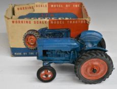 Chad Valley diecast model Fordson Major Tractor with blue body and red hubs, in original box.