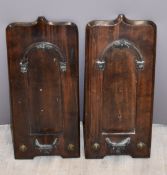 Pair of ecclesiastical mahogany wall panels with ornate fittings for holy water, W27 x H86cm