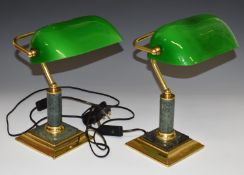 Pair of electric banker's lamps with brass and marble decoration and green glass shades, height