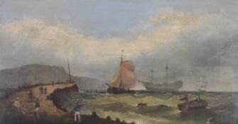 19thC oil on canvas ships at sea with figures in a rowing boat coming ashore and people on the