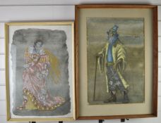 Pair of watercolour and pastel costume designs for Cleopatra, both titled and indistinctly signed