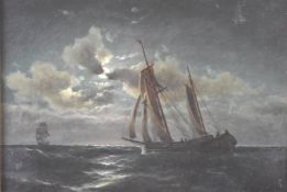 Carl Ludwig Bille (German, 1815-1898) oil on canvas sailing ships in a moonlit seascape, signed