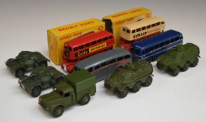 Nine Dinky Toys diecast model vehicles including military tanks, Double Deck Bus 290 and London