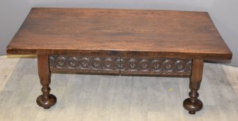 Heavy oak coffee table with carved decoration and two drawers, L144 x W85 x H44cm
