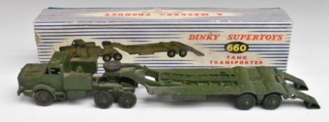 Dinky Supertoys diecast model Tank Transporter with green body and trailer, 660, in original box.