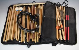 Zildjian and Rockbag drumstick bags, both containing a quantity of various sticks, plus beaters,