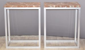 Contemporary pair of marble and brushed metal side tables, W60 x D35 x H76cm