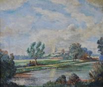 L. Dixon oil on canvas river landscape with cathedral beyond, believed Salisbury, signed lower left,