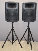 KAM IMS15 700 watt peak passive PA speakers, complete with a pair of stands