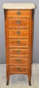 French ormolu or similar mounted inlaid chest of seven drawers with marble top, W41 x D25 x H120cm