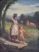 Pierre Edouard Frere (1819-1886) oil on canvas lady and young girl carrying water with cattle