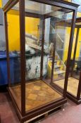 Museum display cabinet with painted wooden frames, parquet floors and brass drop handles, with keys,