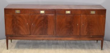 Mahogany mid century modern sideboard with campaign handles, W177 x D43 x H77cm