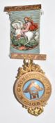 A 9ct gold Masonic St. George's Lodge 3065 jewel or medal with enamel decoration, weight 25g all in