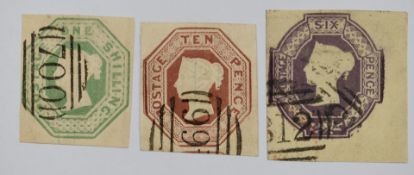 GB 1847-54 embossed issues 6d, 10d and 1/, all three being four marginal examples