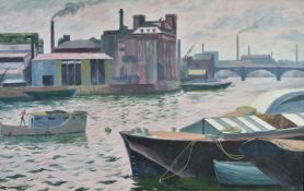 Margaret Graeme Niven (1906-1997) oil on canvas 'Sunday Morning in Chelsea' dockland landscape
