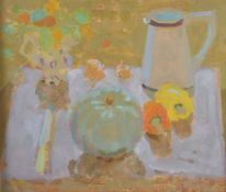 Peter Lloyd-Jones (b1958) acrylic on board still life study of fruit and a jug, initialled PLJ lower