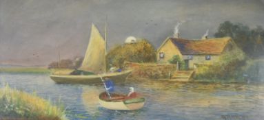 Reginald Sherrin (1891-1971) pastel Fenland landscape with boats beside a cottage, signed and