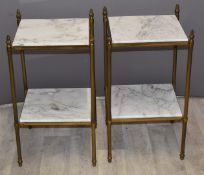 Pair of Italian marble two-tier occasional tables with brass supports, W34 x D34 x H61cm