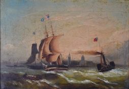 19thC oil on canvas steam tug and sailing ships coming into Liverpool, 24 x 35cm, in gilt frame