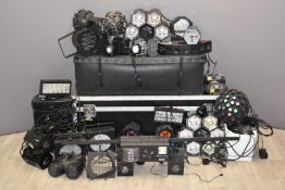 Collection of various disco lights complete with two large flight cases