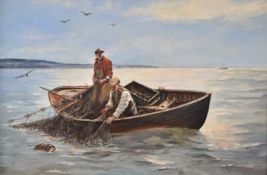 C A Shufflebotham oil on board of fishermen hauling in their nets from a small clinker built boat,