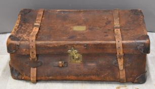 19thC vintage leather trunk with brass nameplate to lid, W92 x D52 x H32cm