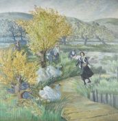 V. St Clair Martin acrylic on canvas naïve marshland landscape 'Counting the Swans' with swans