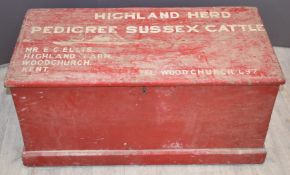 Twin handled painted pine trunk with 'Highland Herd Pedigree Sussex cattle, Mr Cellis, Highland