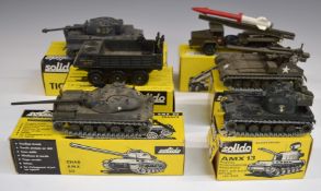 Six Solido diecast model military vehicles 201, 209, 214, 219, 22 and 223, all in original boxes.