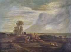 19thC oil on canvas hay making with children resting in the field, 39 x 55cm, in period ornate