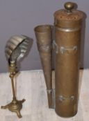 Brass foghorn together with a vintage desk or work lamp with shell shaped shade