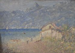 Attributed to Andrew Colley (1859-1910) oil on board impressionist landscape 'Riva in winter,