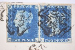 Two GB 1840 2d blue (not a pair) on cover Glasgow to Lanark 7th December 1841, one example four