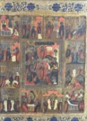 Russian ikon on wooden panel, the gilt border with text in blue stars, the centre formed as thirteen