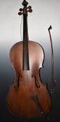 Cello and bow, circa late 19thC, label for Adrian Goldsmith Violoncello 1908/1913, No 516, cello