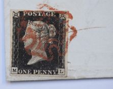 GB 1840 1d black cover four clear margins, red Maltese Cross posted 28th September 1840 from Taunton