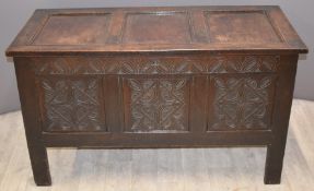 Antique carved oak coffer with peg joints, W122 x D55 x H71cm