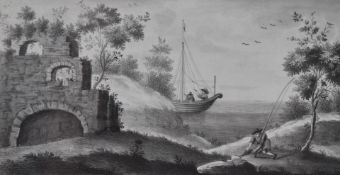 Georgian pen and ink lake landscape with ruined building to foreground, fisherman gathering his