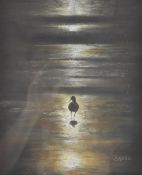Watercolour of a wading bird on a beach or mudflats illuminated by moonlight, 31 x 24cm