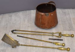 Art Nouveau brass companion set with a two handled copper coal scuttle