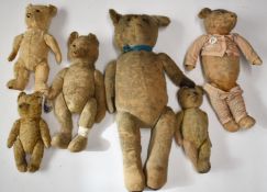 Six vintage Teddy bears, all with disc joints, largest 85cm tall.