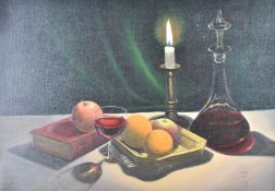 Oil on canvas still life of decanter, wine and fruit by candlelight, 35 x 50cm, in gilt frame