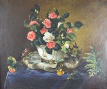 Oil on canvas vase of flowers on a table with bird perched on the rim, 62 x 75cm, in gilt frame