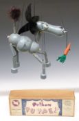 Pelham Puppets Donkey puppet with grey painted wooden body, felt ears and wooden and felt carrot, in