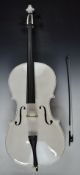 Full size modern cello and bow, finished in white, with bow