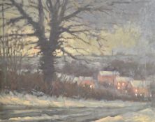 Oliver Warman RBA ROI (1932-2019) oil on board winter landscape with village down a snow covered