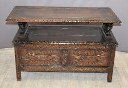 19thC carved oak monk’s bench, L104 x D49 x H95cm